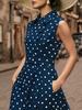 European Sleeveless Polka Dot Retro Dress with Lapel and Faux Button Lace-up Design