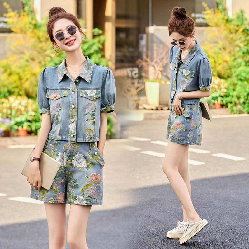

Женский летний джинсовый костюм с принтом, джинсовые шорты, комплект из двух предметов XXL