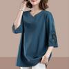 Summer Mid-sleeved Shirt Women's Loose Large Size Belly Covering Small Shirt Three-quarter Sleeve T-shirt Collar Western Style Top