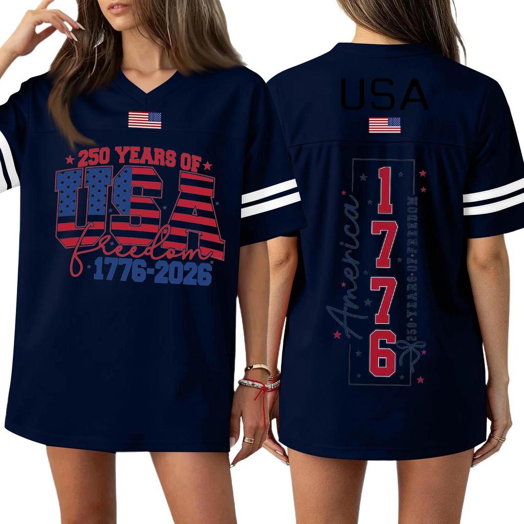 T-shirt Sport Haut Casual Mode Femme Col en V Impression Jour de l'Indépendance Manches Courtes