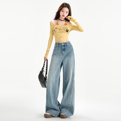 Pantalon Scimitar Saule Couleur Claire pour Femmes Jeans Nouveau Style Américain Rétro Taille Haute Petit Jambe Large pour Femmes
