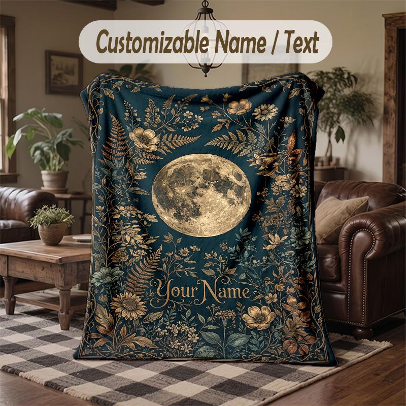 Moonlit Forest Whispers Theme Throw Blanket Custom Name Text Personalized Blanket Soft Cozy Blanket for Home Sofa Bed