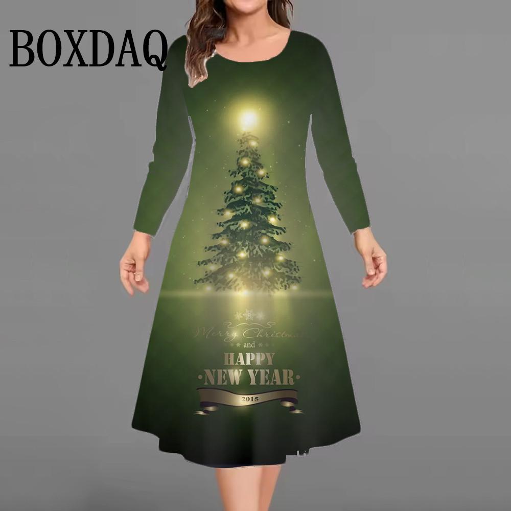 Christmas Tree Women Short Dresses Long Sleeve Festival Ladies Loose Plus Size Dress 3D Print Christmas Street Female