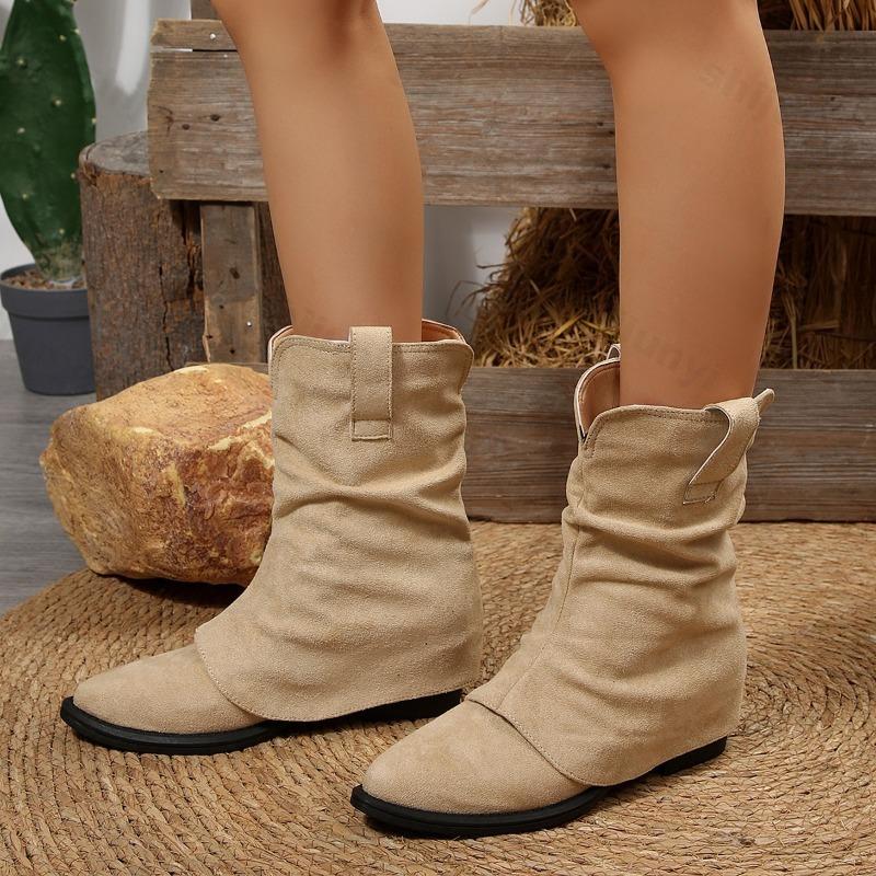 Large Size Women Shoes 2026 Autumn Winter New Fashion Pointed Frosted Suede Boots Vintage Outdoor Non Slip Luxury Mid-calf Boots