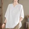 Women's Cotton Linen T-shirt  Summer Retro Loose V-neck  Plus Size Blouse Soft and Skin-friendly Blouse