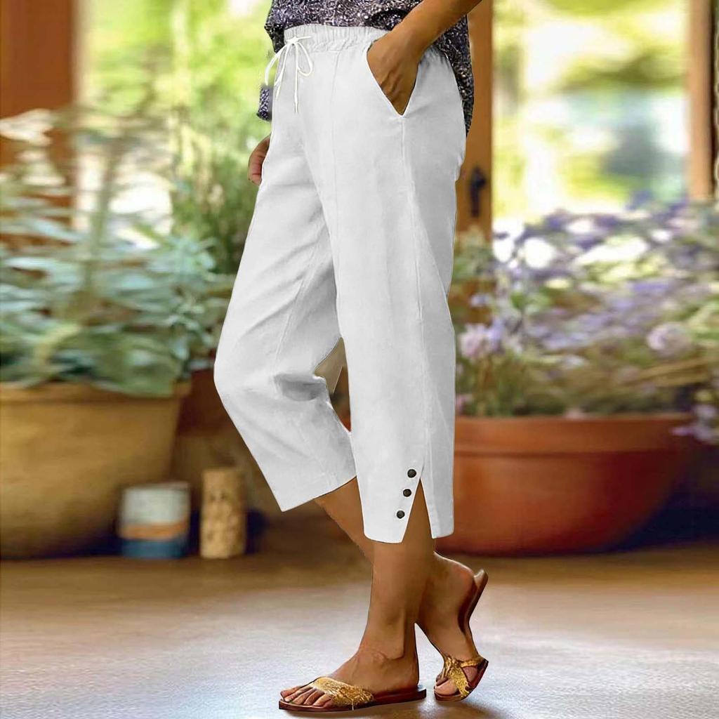 Women's Fashionable Relaxed-Fit Split-Hem Button-Decorated Casual Cotton-Linen Cropped Pants