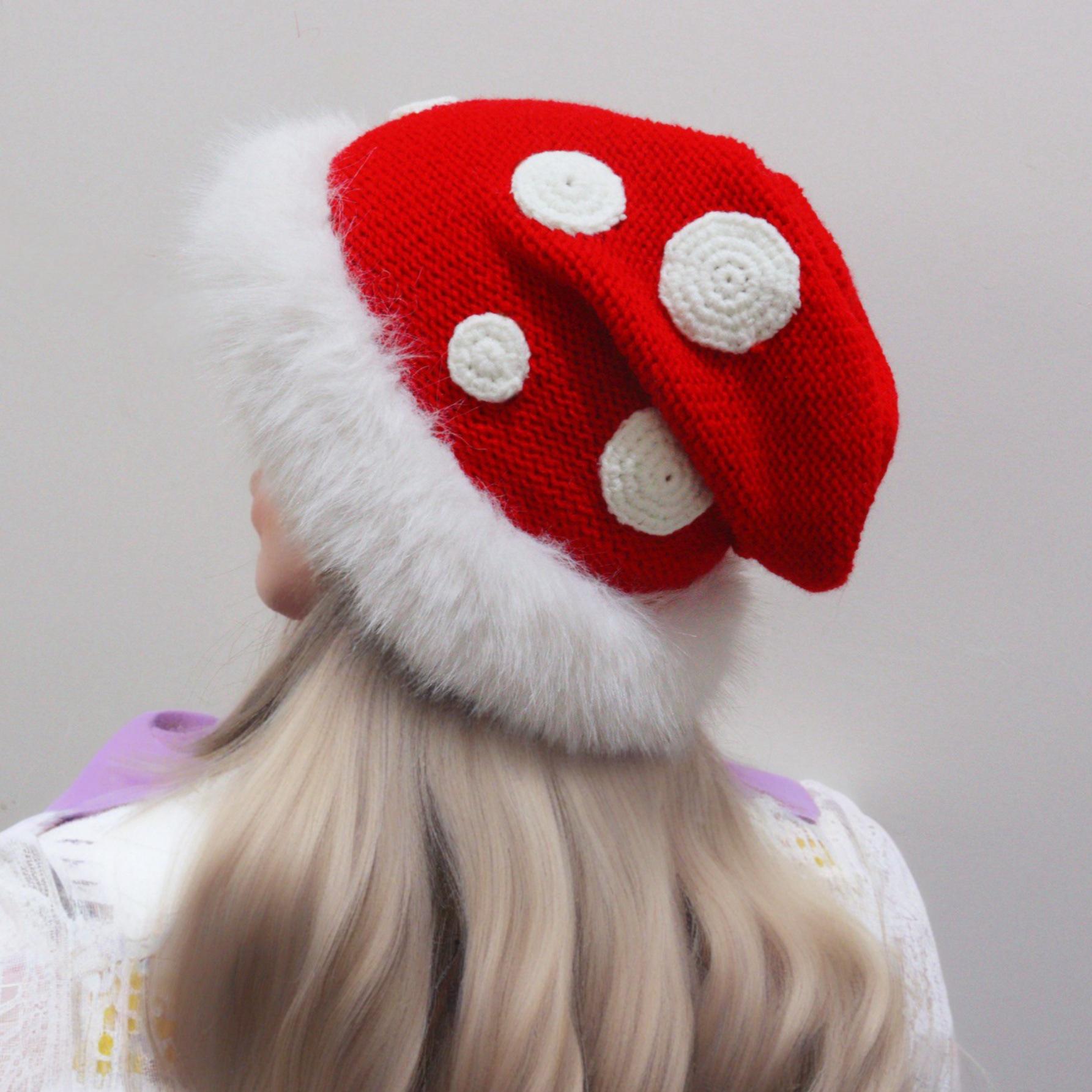 

Versatile Red Hat Faux Rabbit Fur Mushroom Design - Women s Autumn Winter Warm Knitted Woolen Hat червоний