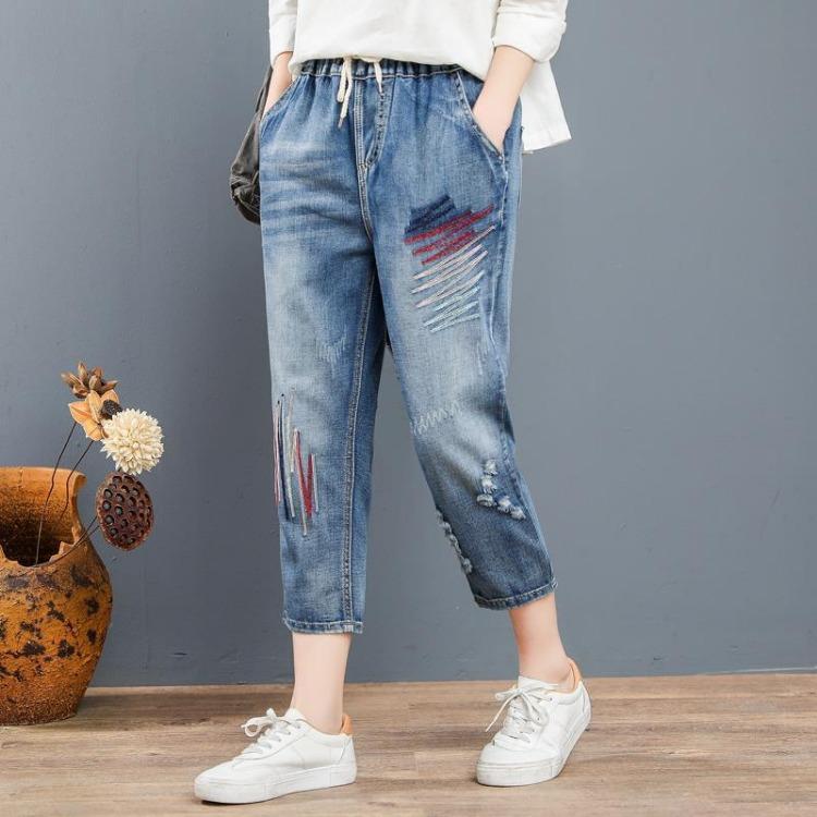Jeans for Women In Spring Loose Fit Plus Size Elastic Waist Cartoon Embroidery Harem Pants Casual Pants
