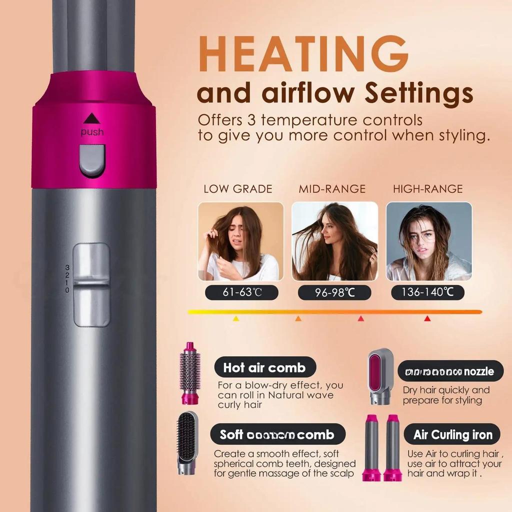 5-In-1Hair Dryer  Electric Hair Comb Negative Ion Straight Curler Brush Blow Dryer Air Comb Removable Brush Kit Tool