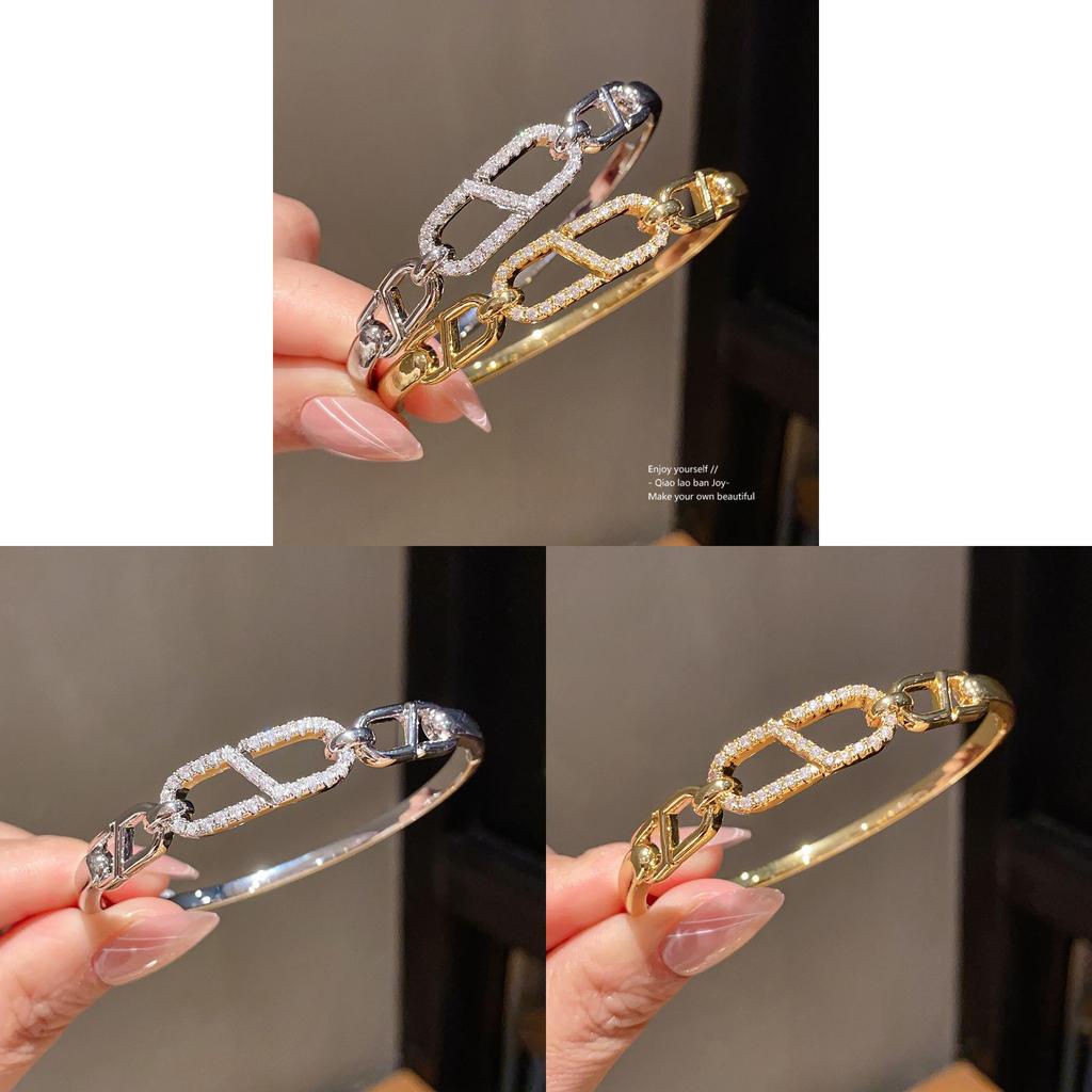 European Style Copper Zircon Stone Cuff Bracelet With Elegant Geometric Design For Daily Use