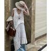 DIMANAF 2025 New Dress Women Knitting Beach Sleeveless Lace Long Hollow Out Sexy Vest O-Neck Hollow Summer Style Tops Tees Loose Basic Blue