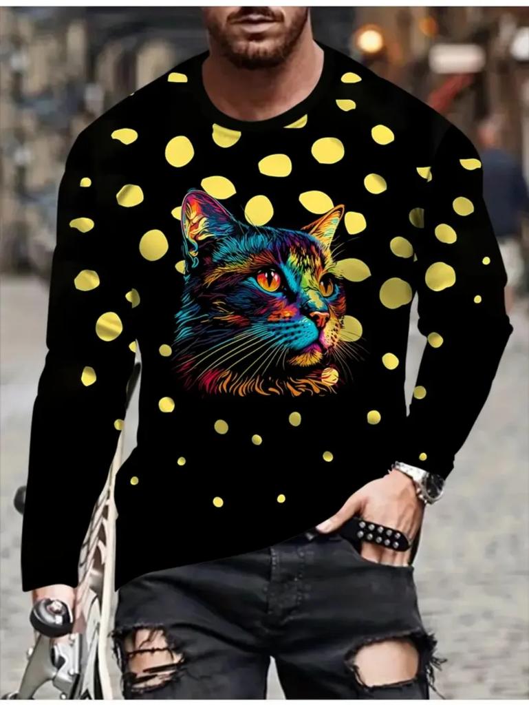 Samurai Cat Warrior Print Long Sleeve T-shirt, Stylish Casual Men's Top