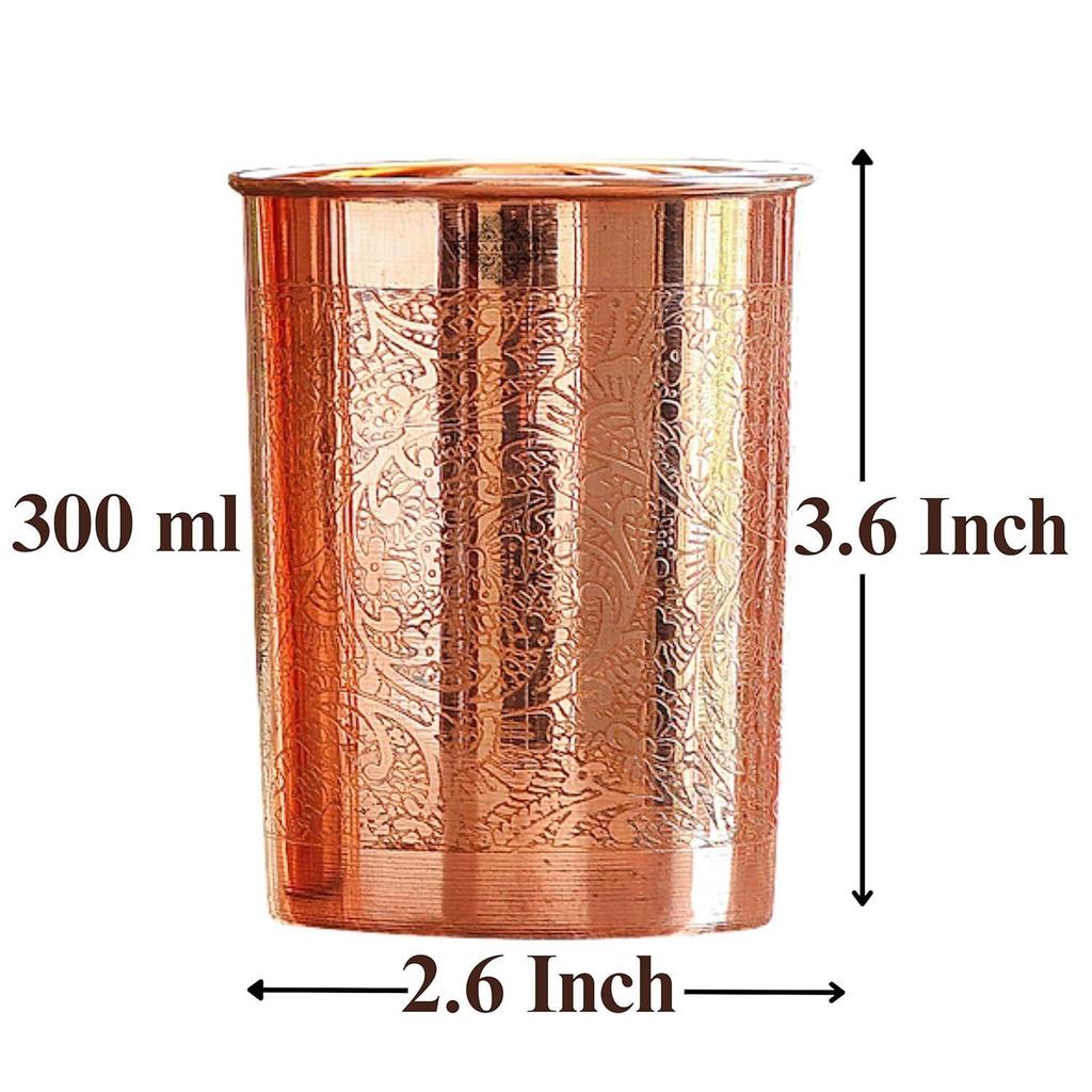Pure Copper Plain Glass with Embossed Design, Drinking Serving Water, Yoga Ayurveda, Volume-300 Ml