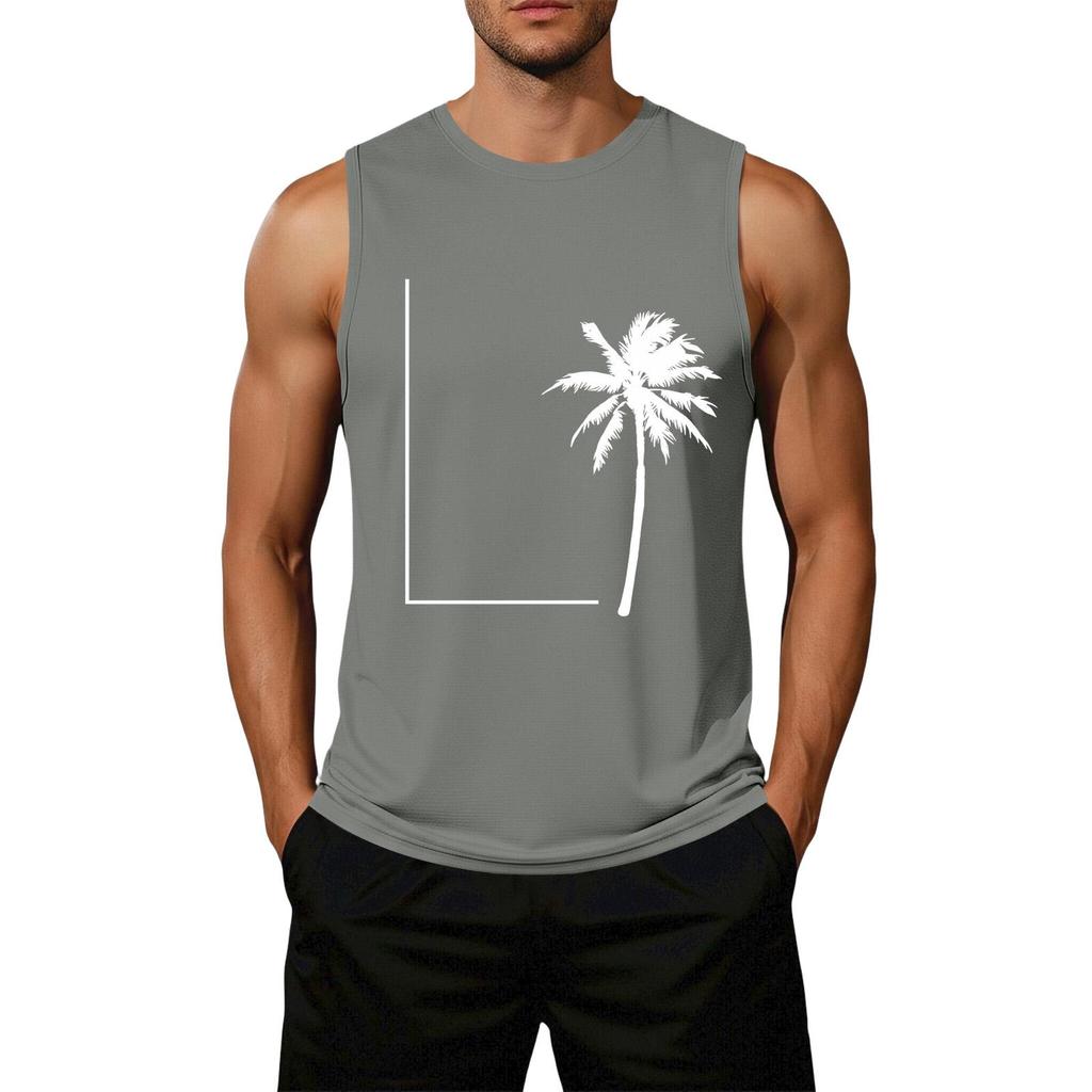 Men's Loose Fit Casual Sleeveless Tank Top Palm Tree Graphic Print Summer Muscle Shirt Lightweight Breathable