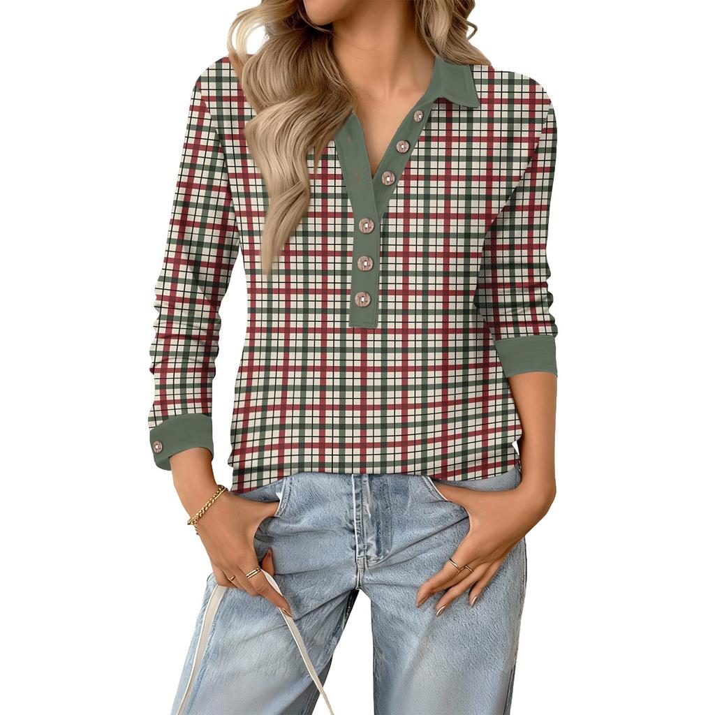 Women's Retro Street Lazy V,neck Long Sleeve Button Plaid Print Pullover Top