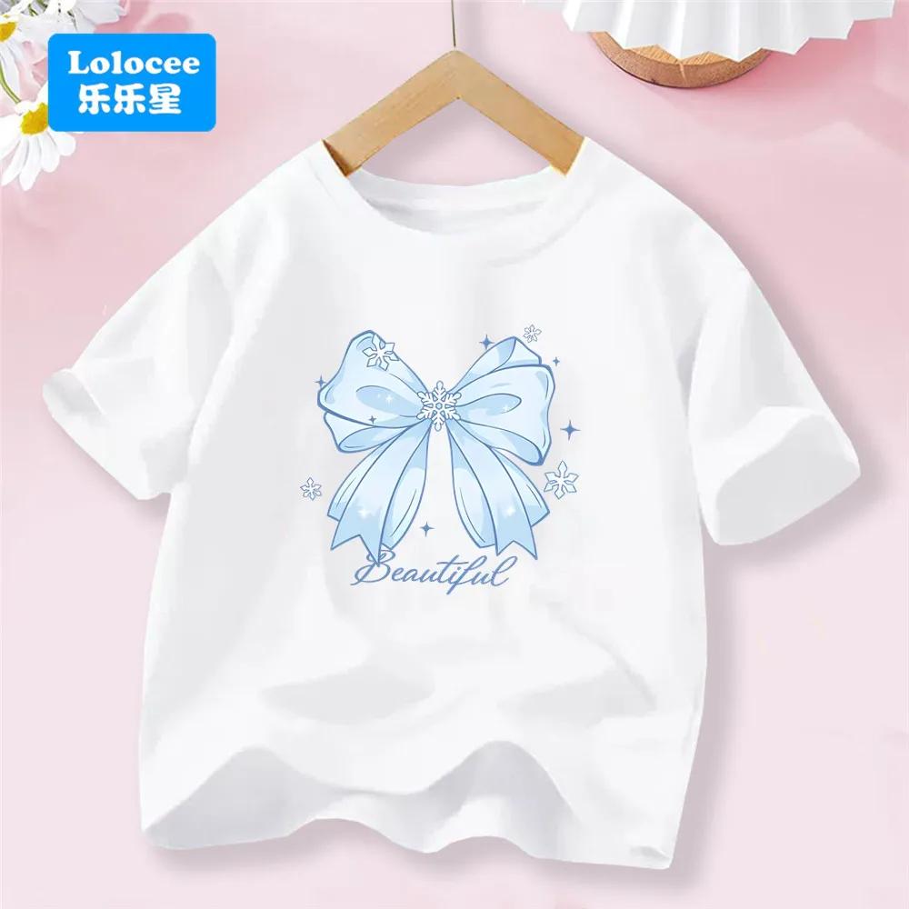 Girls' New Summer Korean Style Short Sleeve T-shirt Trendy Cute Bowknot Tee for Girls, Sweet Top for Toddlers and Young Girls