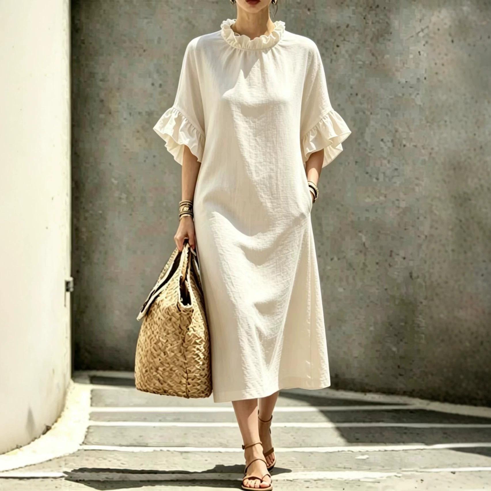 Women Loose Fit V Neck Bubble Sleeve Ruffle Hem Maxi Dress Solid Beige S
