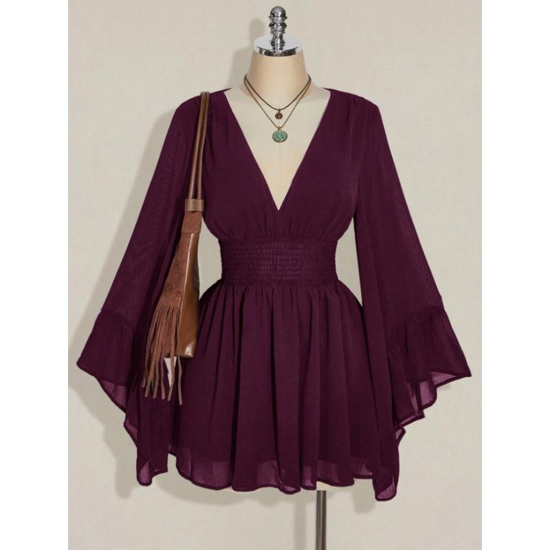 European and American new deep V waist dress, horn sleeve short fashion mesh sexy solid color skirt