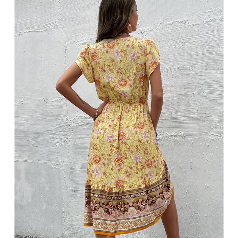 Nová Móda Vintage Šaty s Krátkým Rukávem Dámské Výstřih do V Tištěné Zelené Elegantní Šaty na Léto Áčkový Střih Vysoký Pas Ležérní Dámské Šaty 24340