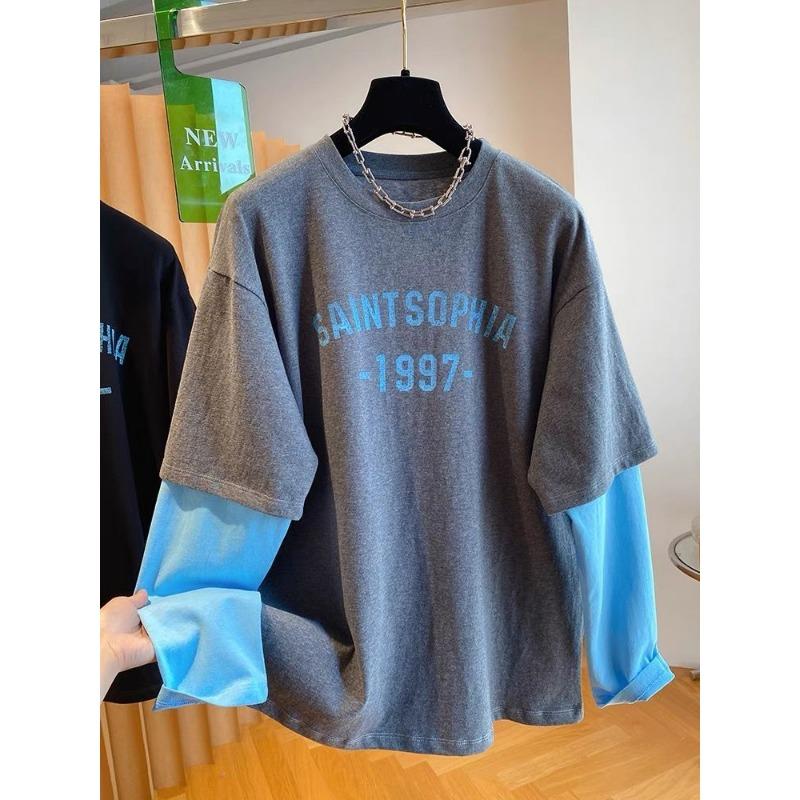 

Spring Fake Two-piece Long-sleeved T-shirt Loose Letter Print Round Neck Bottoming Top L сірий колір