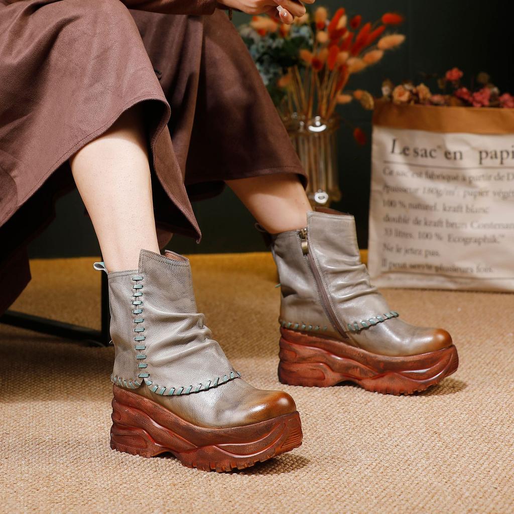 Johnature Women's Platform Shoes Genuine Leather Thick Soled Comfortable Versatile Retro Wedges Short Boots