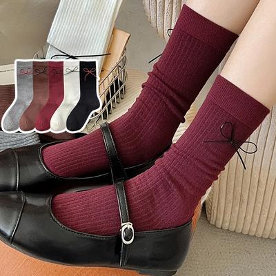 Gray Red Socks Women Autumn and Winter Retro Cotton Knitted Middle-tube Socks Bowknot Japanese Kawaii Cute Socks Gifts