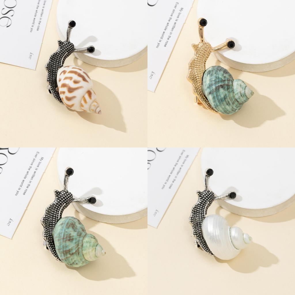 Vintage Silver Gold Alloy Snail Shell Brooch With Natural Shell Embellishments For Couples Gift