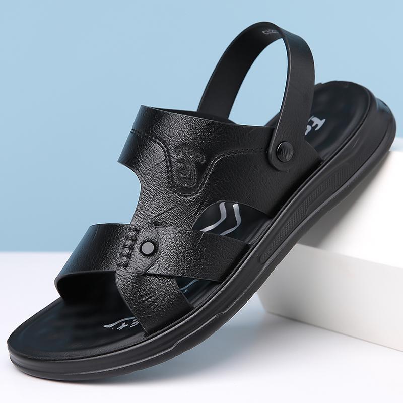 Men Black Leather Sandals Simple Flats Summer Brown Outdoor Hiking Sandals Outdoor Wide Beach Shoes for Father Over Sized