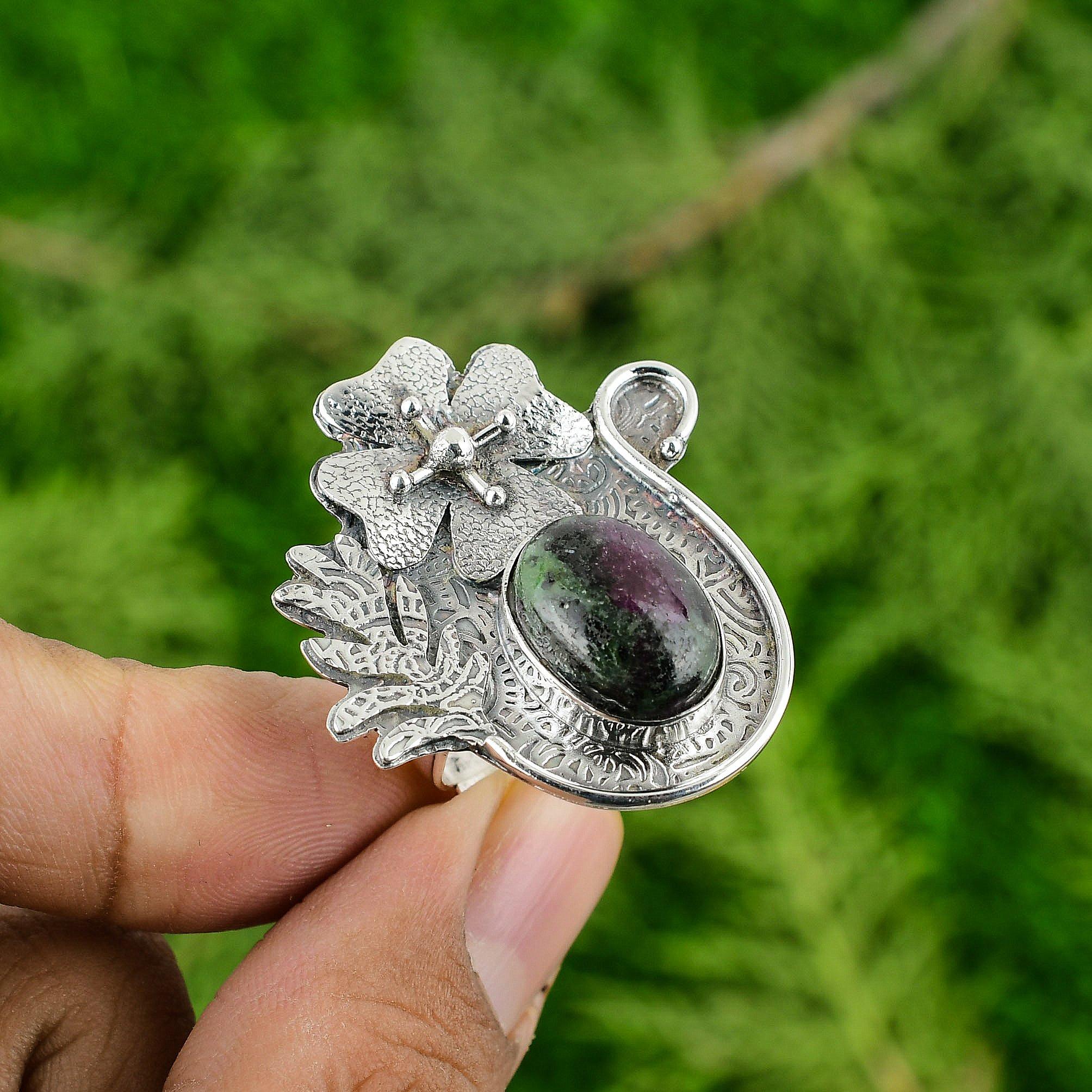 

Рубин Цоизит Камень Новое Штабелируемое Цветочное Кольцо Ювелирное Изделие из Стерлингового Серебра Ручной Работы Adjustable