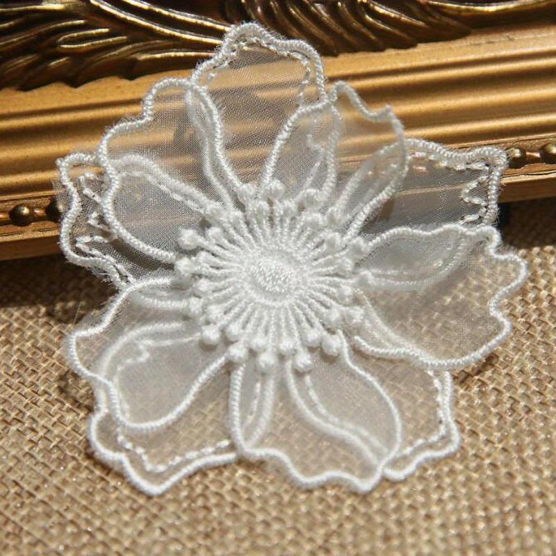 6Pcs Double Layer Lace Flower Applique Embroidered Patches Rpair For DIY Handmade Craft Wedding Dress Decoration 6.5CM Wide