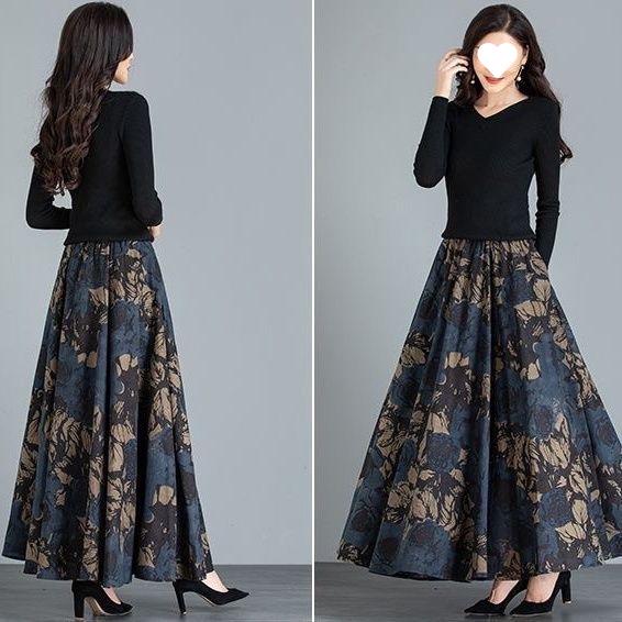 Autumn/Winter High-End Retro Floral Wool Maxi Skirt with Pockets, High Waist, and Large Flare.