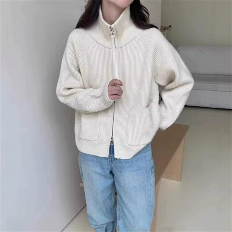 Simple Casual Stand-up Collar Double Zipper Knitted Cardigan Women's Autumn and Winter New Loose Lazy Versatile Sweater Jacket