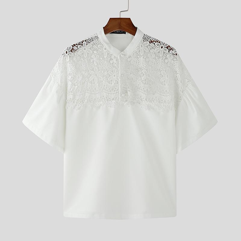 INCERUN Men Summer Stand Neck Short Sleeve Lace Patchwork Casual Party T-shirt Tops