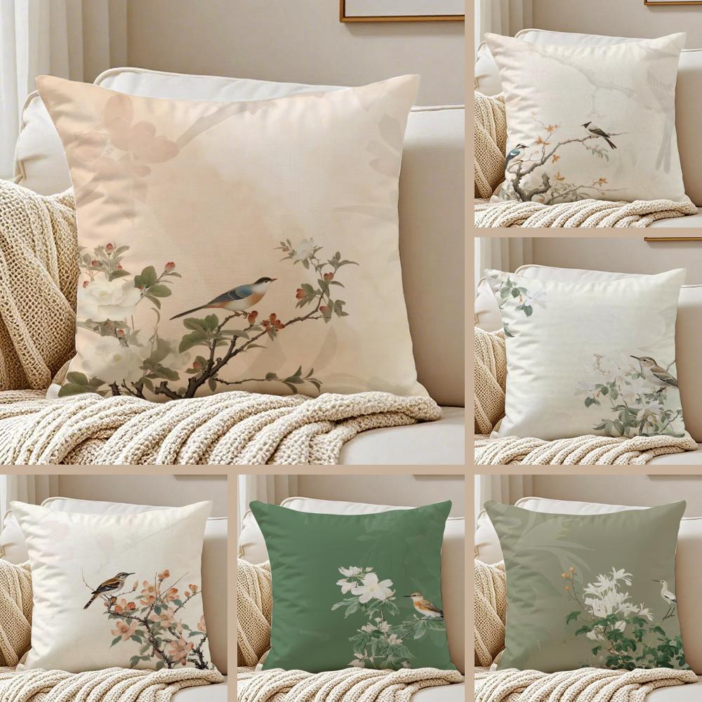 Chinese Style Simple Bird Flowers Cushion Cover Pillowcase Antidustmite Living Room Sofa Decor Cushion Room