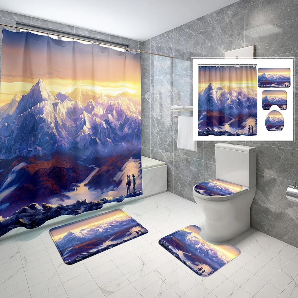 Schneeberg Duschvorhang-Set Schöne Naturlandschaft Duschvorhang Rutschfeste Badematte Toilettendeckelbezug Für Badezimmerdekoration