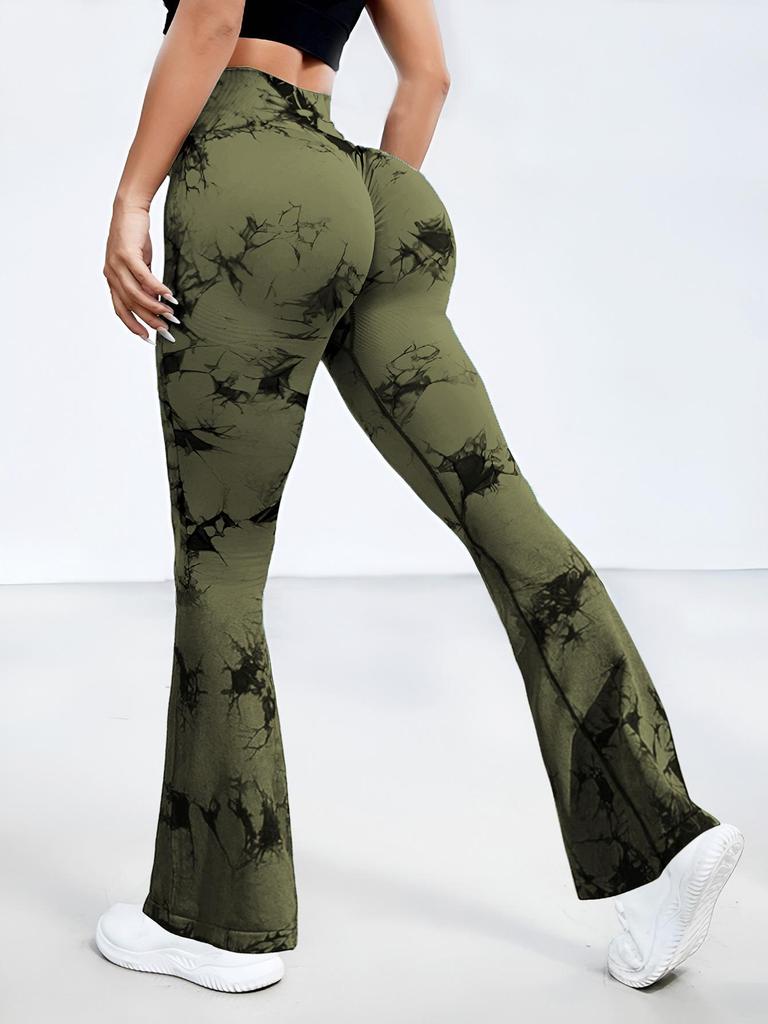 Damen High-Waist Batik Schlag-Yoga-Hose - Pfirsich Po, Atmungsaktiv, Schlankmachend, Weitbeinige Fitness-Tights
