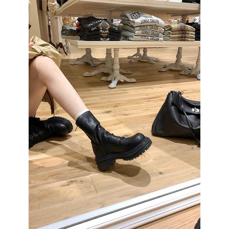 British style thick-soled pleated stacked Martin boots women's 2025 new height-increasing and thin rear zipper elastic thin boots