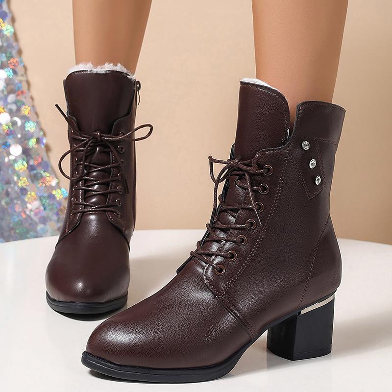 

2025 Winter Warm Plush Ankle Boots Women Fashion Crystal Chunky High Heels Booties Women Zipper Lace Up Faux Leather Botas Mujer 42