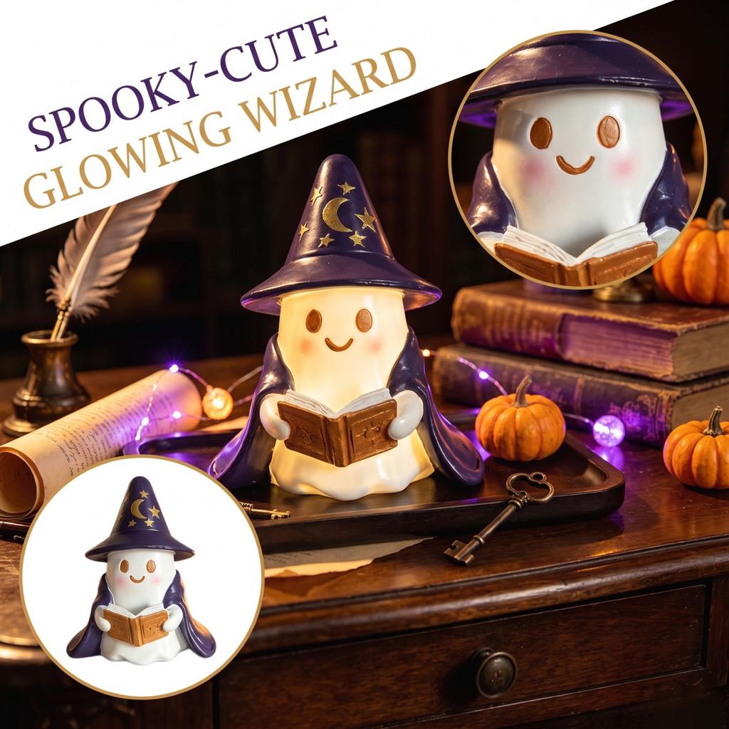 Halloween Reading Book Figurine, Cute Night Light Tabletop Decor for Home Shelf