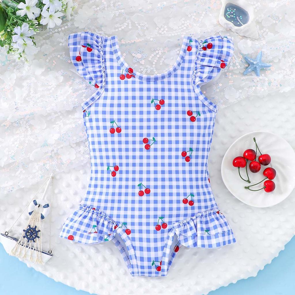 Cute Cherry and Plaid Print Girls One Piece Swimwear Ruffled Flutter Sleeves and Hem Summer Hot Sale for 4 7 Years Girls Pool Beach Wear