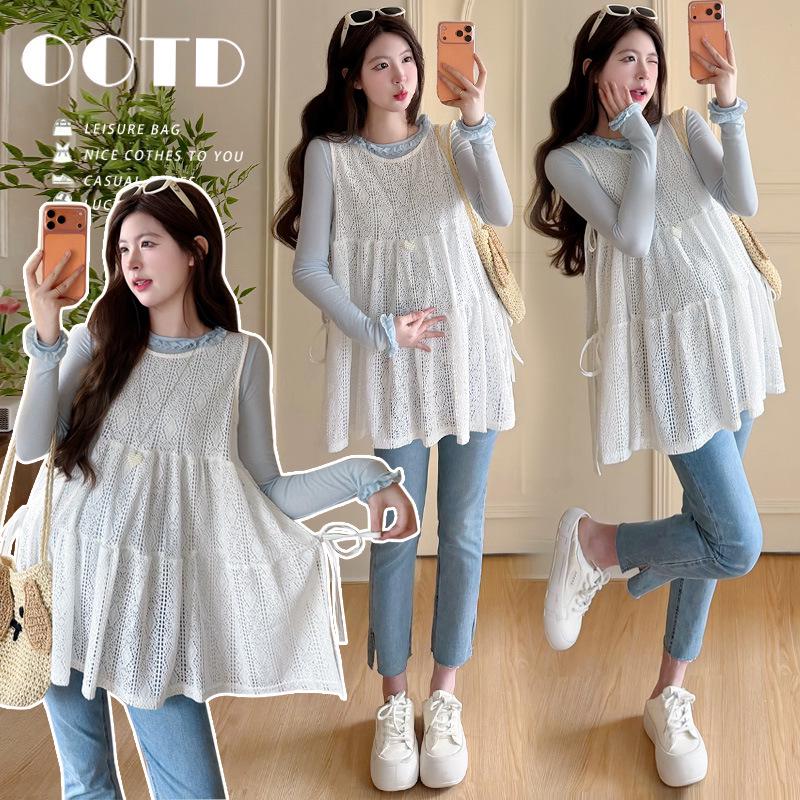 2026 Spring Fashion: Ruffle-Trim Base Layer Top & Korean Lace Vest Maternity Set XL