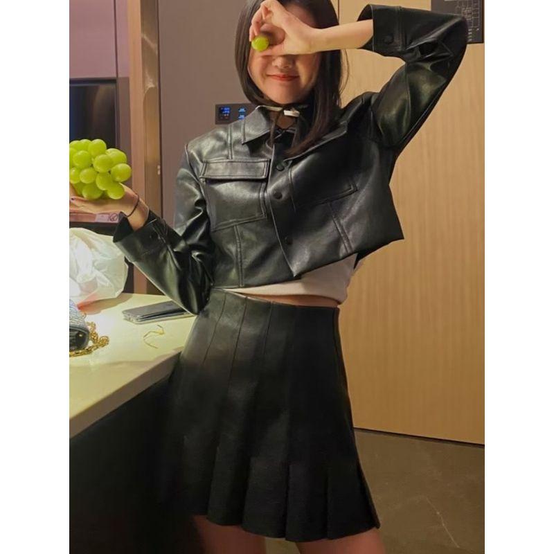 Li Tai Yuan Club Cool Fan Fried Street Fancy Retro Small Dress Leather Coat Pleated Skirt Sexy Suit