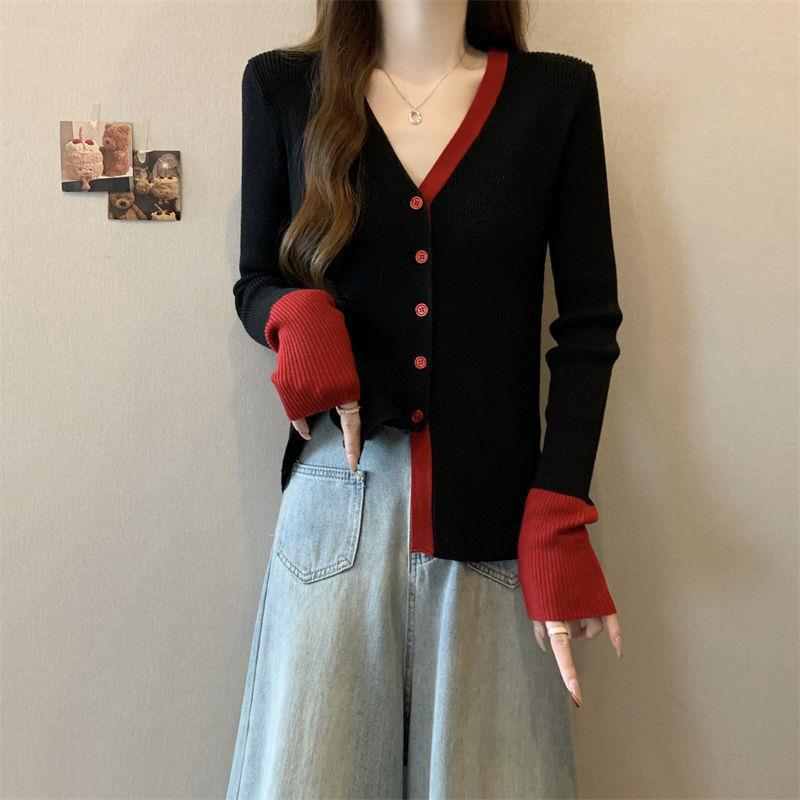 Стильный женский вязаный кардиган в стиле колор-блок - Удлиненный приталенный свитер с V-образным вырезом для осенизимы 2XL 70-80 kg 3640₽