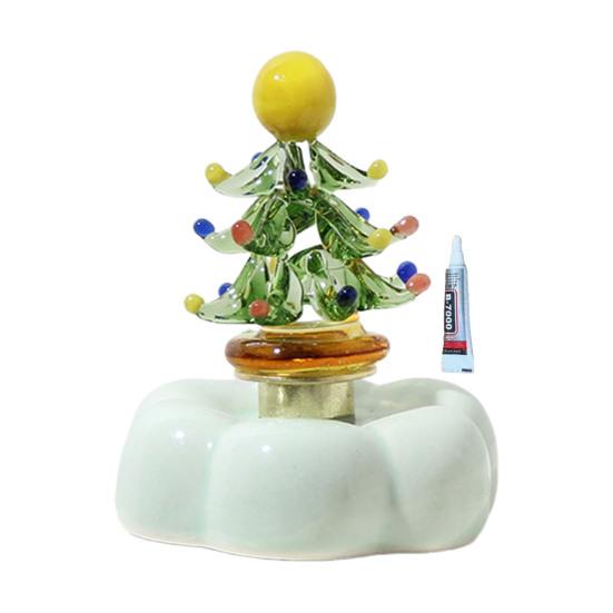 Hand Glazed Craft for Anniversary Glass Christmas Tree Figurine with Rotating Ceramic Base, Handmade Art Holiday Ornament Car Dashboard Desk Decor And