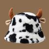 Cow Pattern Horn Bucket Hat Women's Fashion Plush Thickened Warm Hats Caps Women’s