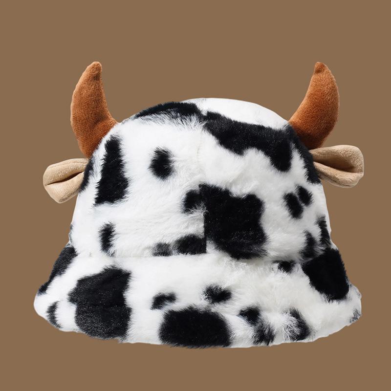 Cow Pattern Horn Bucket Hat Women's Fashion Plush Thickened Warm Hats Caps Women’s