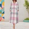 Women Plus Size V Neck Long Sleeve Printed A Line Midi Dress With Pockets