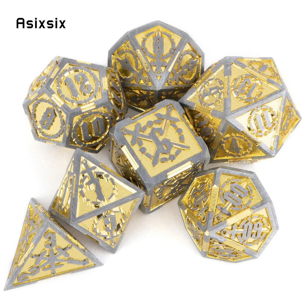 7 Pcs Yellow Silver Double Swords Metal Dice Solid Polyhedral Dice Set Suitable For Role-Playing Dice PropBoard Game