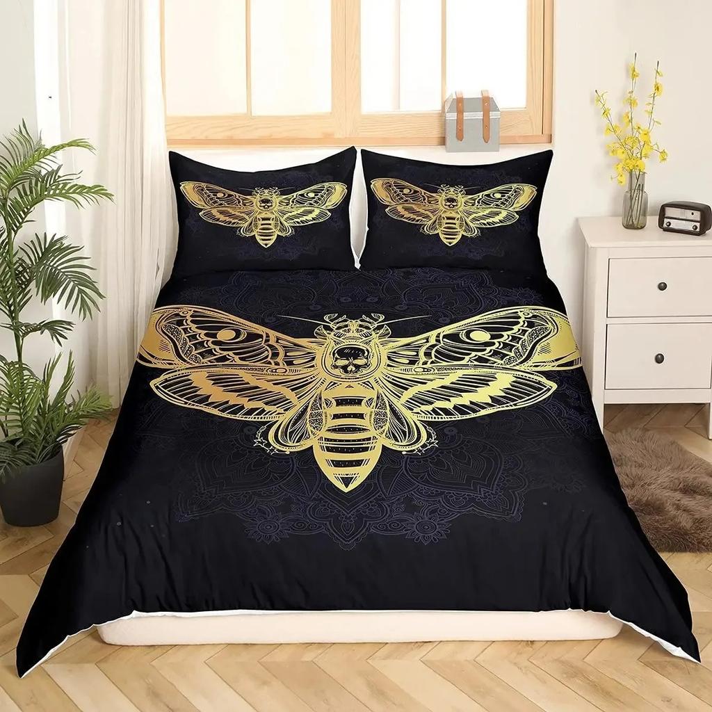 Boho Gothic Skull Bedding Set Death Moth Duvet Cover Set King Queen Full Twin Size Galaxy Sun And Moon Polyester Comforter Cover