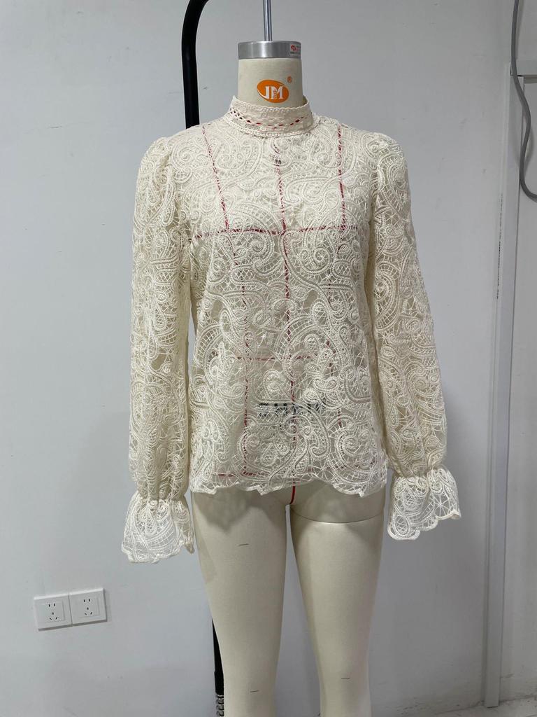 Elegant Lace Stand Collar Long Sleeve Shirt: European & American Style with Korean Niche Design for Autumn & Winter